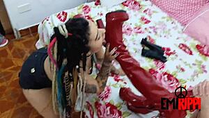 Slave worships queen's feet in femdom trampling