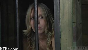 restrained gal is punished hard in a dark garage with no escape