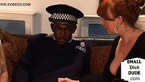 Tiny dick cop wanked by dominas in a wild interracial threesome.