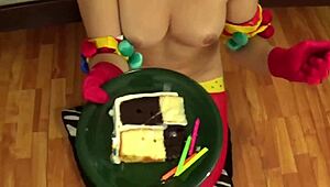 Amateur blowjob and cum on birthday cake gets eaten!