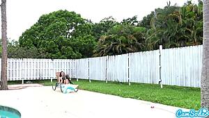 Lesbian teen 18+ threesome tugs ping balls with drone in outdoor public play