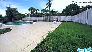 Lesbian teen 18+ threesome tugs ping balls with drone in outdoor public play