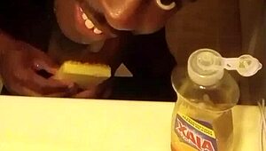 washing dishes solo with close-up cock action