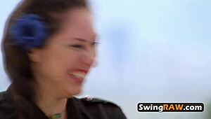 Amateur couples dive into a steamy sex game together.