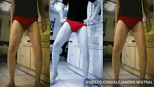 Thin mature guy Alejandro Mistral shows off his big cock in red underwear