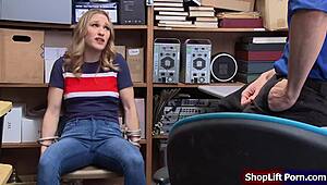 yo, check this blonde shoplifter babe gagging on an officer's big cock at work