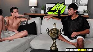 Straight guy explores gay football player in uniform