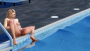 Blonde cartoon girl says, I'm masturbating uncensored by the pool.