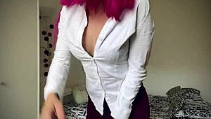 hot strip dance by a sexy girl in skirt and stockings, clothes ripped for teasing shaved pussy