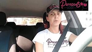 She guides in the car with big tits