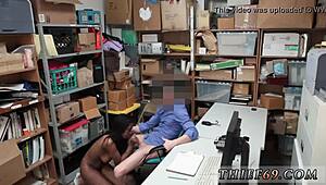 Policewoman in uniform gives interracial blowjob with black lipstick! She moans loudly.