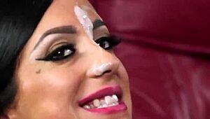 Babe swallows cum in blowbang facial