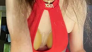 Sissy brunette teases with big tits and masturbation