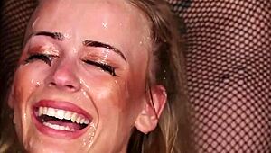 flirty bombshell gets huge sperm load on face, swallows all jizm