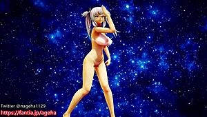 Kanon dances nude on a sandy planet in 3D.
