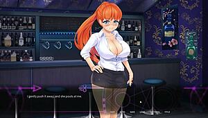 In this femdom hentai, my redhead coworker teases my groin with her foot in a public bar, whispering dirty talk.