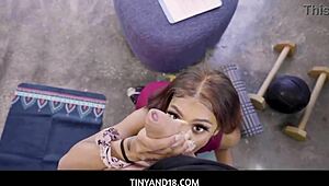 Petite fitness trainer Jeni Angel spots her client's huge dick in shorts and suggests a steamy workout session 😏