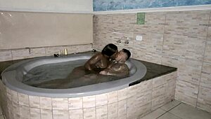 Sex in the bathtub with lots of cum in mouth.