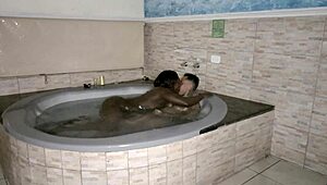 Sex in the bathtub with lots of cum in mouth.