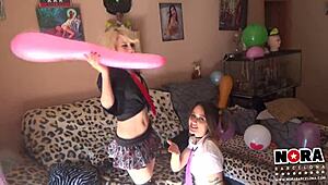 yo, check these sexy spanish babes popping balloons with hot lesbian action!