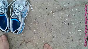 Chubby Amateur in Nylon Pantyhose Strolls Barefoot on Wangerland Beach