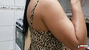 Latina pornstars with big tits and tattoos enjoy lesbian sex with toys at breakfast.