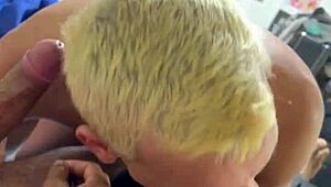 Hey, check out this young twink sucking two monster cocks at home for some drinks.