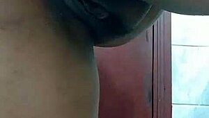 Latina brunette masturbates with dildo in bathroom homemade