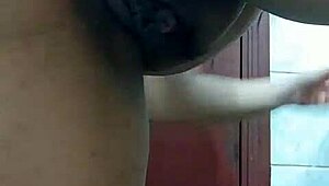 Latina brunette masturbates with dildo in bathroom homemade