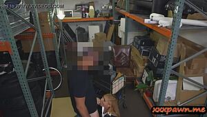 Thrilling hidden cam as hot blonde MILF gets railed by nasty pawn guy with monster cock in office