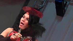 Slutty brunette rips red lingerie for outdoor public striptease