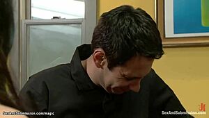 Rough slave gagging on big monster cock while getting whipped and fucked in submission