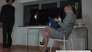 British Femdom Pegging Black Sub at Office Desk