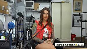 Stunning Brunette Sucks Black Dick In Office