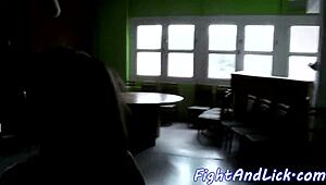 Did you see that muscular dyke get pussylicked after wrestling?