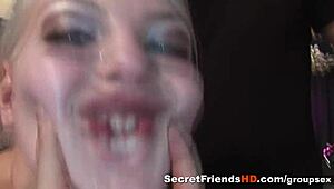 Busty blonde gangbanged by multiple dudes