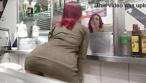Redhead with big natural tits fucks hard in snack bar kitchen!