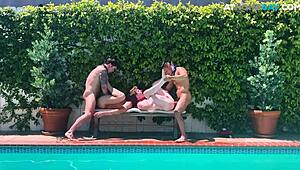 Amateur Studs Relish Outdoor Bareback Orgy by Pool