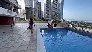 Croatian brunette swinger takes cum in mouth after pool foursome