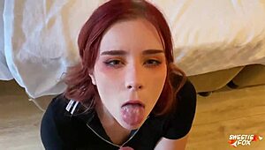 Redhead Hard Fucking and Deep Blowjob with Cum in Mouth Swallowed