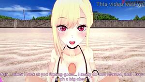 Marin Kitagawa lounges on the beach in hentai pov bikini fun