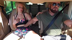On the road, a couple indulges in shaved big tits pantyhose blowjob fucking masturbation with perfect body tattoos.