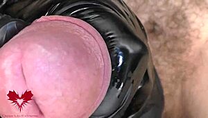 Watch this close-up of latex gloves teasing the peehole before a horny cumshot explodes.