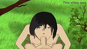 Mikasa enjoys a lovely weather while giving a blowjob and get cumshots on her face aot 😊