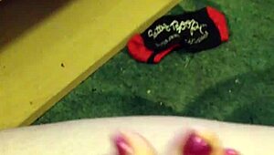 my wife gives a hot footjob with pink toenails and cumshot