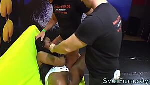 ebony beauty covered in cum after blowbang