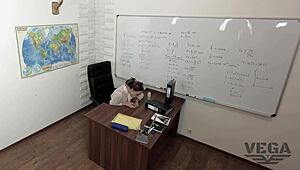 Teen masturbates and blows big cock in classroom.