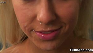 Sexy peach endures pov blowbang, swapping cum and eating jizz