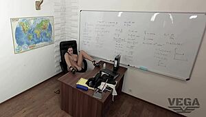 Teen masturbates and blows big cock in classroom.