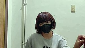 Chinese Ladyboy's Outdoor Handjob in Public Stairway Cumshot